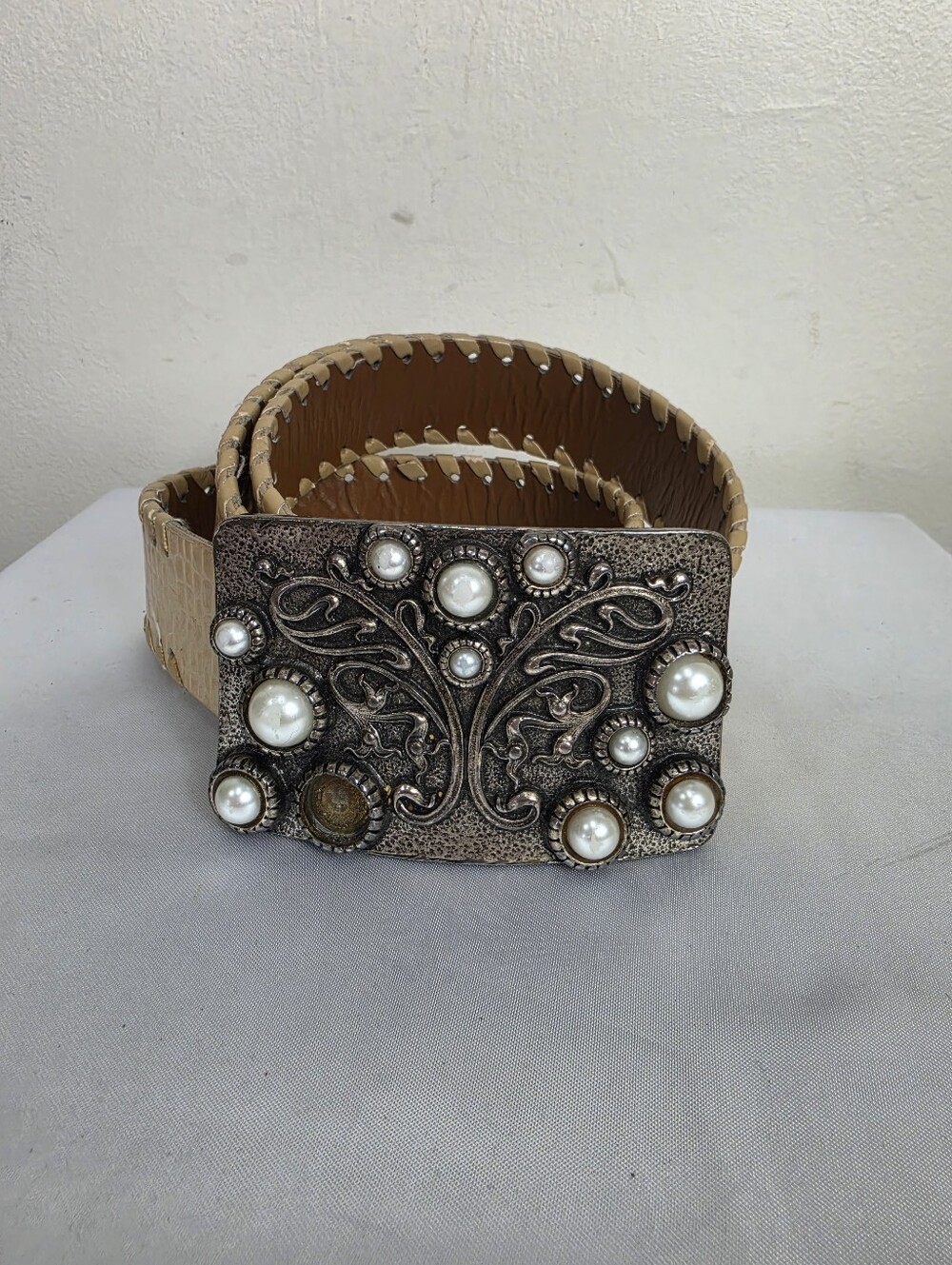 Vintage Beige Leather Belt with Ornate Pearl-Accent Buckle